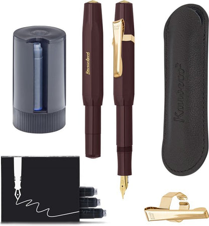 Kaweco - Cadeauset - 5delig - Vulpen Extra Fine (EF) - Sport Classic Burgundy - 8 Shape Clip Gold - etui Leer Zwart - Twister patronen - Doosje vullingen