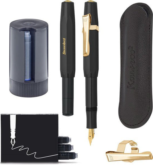 Kaweco - Cadeauset - 5delig - Vulpen Extra Breed (BB) - Sport Classic Zwart - 8 Shape Clip Gold - etui Leer Zwart - Twister patronen - Doosje vullingen