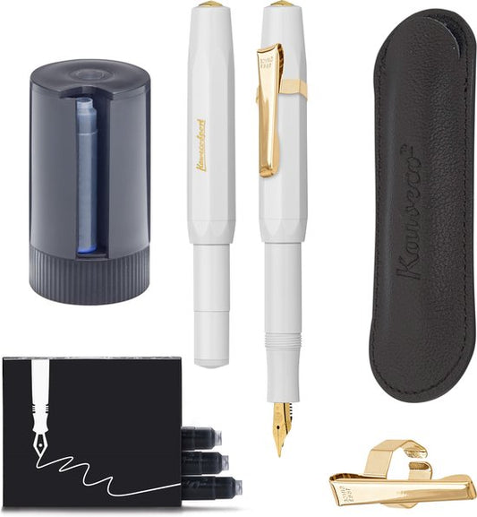 Kaweco - Cadeauset - 5delig - Vulpen Fine (F) - Sport Classic Wit - 8 Shape Clip Gold - etui Leer Zwart - Twister patronen - Doosje vullingen