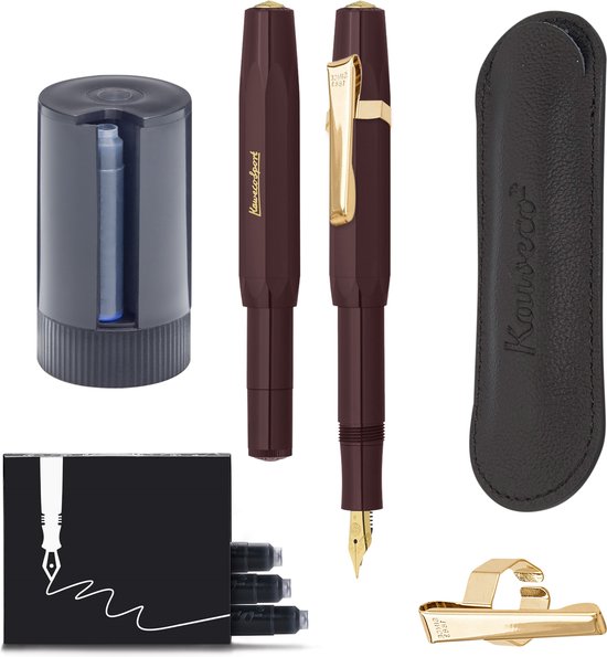 Kaweco - Cadeauset - 5delig - Vulpen Medium (M) - Sport Classic Burgundy - 8 Shape Clip Gold - etui Leer Zwart - Twister patronen - Doosje vullingen