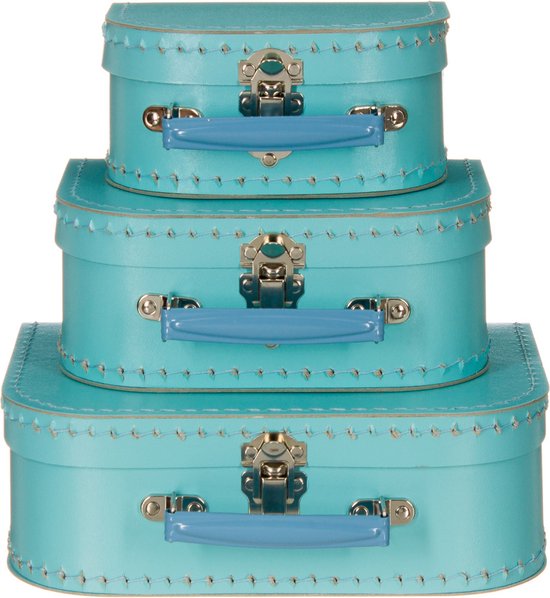 Kofferset - 3 koffers - 16-20-25cm - Decoratie - Kartonnen koffer - Logeerkoffer - Speelkoffer - Poppenkoffer- Opbergen - Vertelkoffer - Cadeau - Kraamkado - lichtblauw met blauw handvat