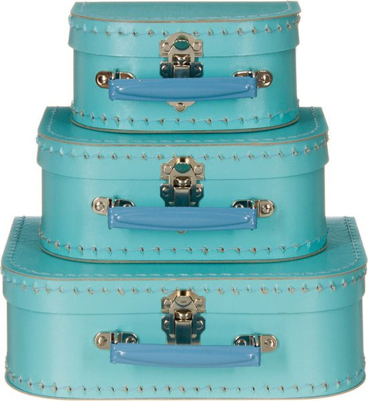 Kofferset - 3 koffers - 16-20-25cm - Decoratie - Kartonnen koffer - Logeerkoffer - Speelkoffer - Poppenkoffer- Opbergen - Vertelkoffer - Cadeau - Kraamkado - lichtblauw met blauw handvat