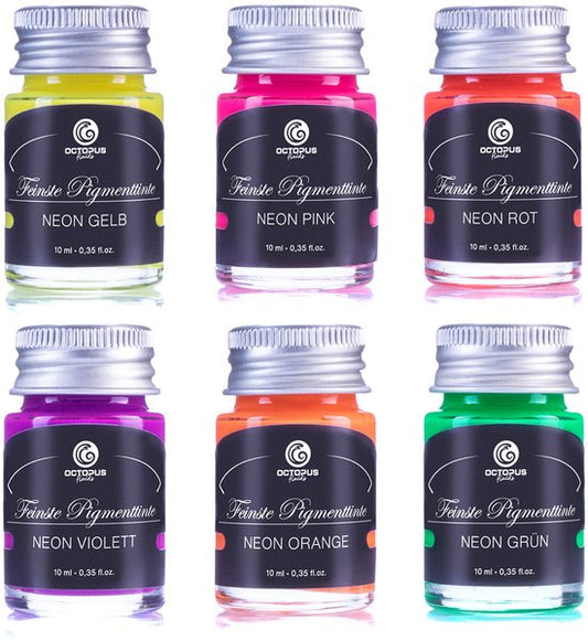 Octopus Write and Draw Ink - Neon Highlighter Inkt Set, 6 x 10 ml fluorescerende markeerstiftinkt - Kalligrafie inkt, lichtechte tekeninkt voor vulpen, glaspen, penseel, 6 x 10 ml