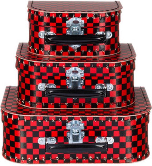 Kofferset - 3 koffers - 16-20-25cm - Decoratie - Kartonnen koffer - Logeerkoffer - Speelkoffer - Poppenkoffer- Opbergen - Vertelkoffer - Cadeau - Kraamkado - Geblokt rood/zwart pop-art