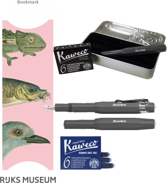 Kaweco Cadeauset (6 delig) Blikje, Vulpen grey M, Clip, Boekenlegger 3 dieren, 2 doosjes vullingen