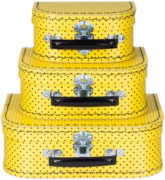 Kofferset - 3 koffers - 16-20-25cm - Decoratie - Kartonnen koffer - Logeerkoffer - Speelkoffer - Poppenkoffer- Opbergen - Vertelkoffer - Cadeau - Kraamkado - Geel met zwarte stippen, handvat zwart