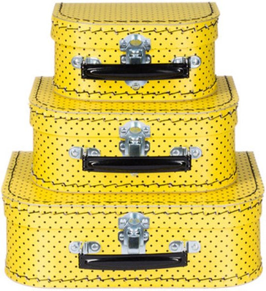 Kofferset - 3 koffers - 16-20-25cm - Decoratie - Kartonnen koffer - Logeerkoffer - Speelkoffer - Poppenkoffer- Opbergen - Vertelkoffer - Cadeau - Kraamkado - Geel met zwarte stippen, handvat zwart