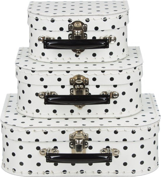 Kofferset - 3 koffers - 16-20-25cm - Decoratie - Kartonnen koffer - Logeerkoffer - Speelkoffer - Poppenkoffer- Opbergen - Vertelkoffer - Cadeau - Kraamkado - Wit met zwarte stip