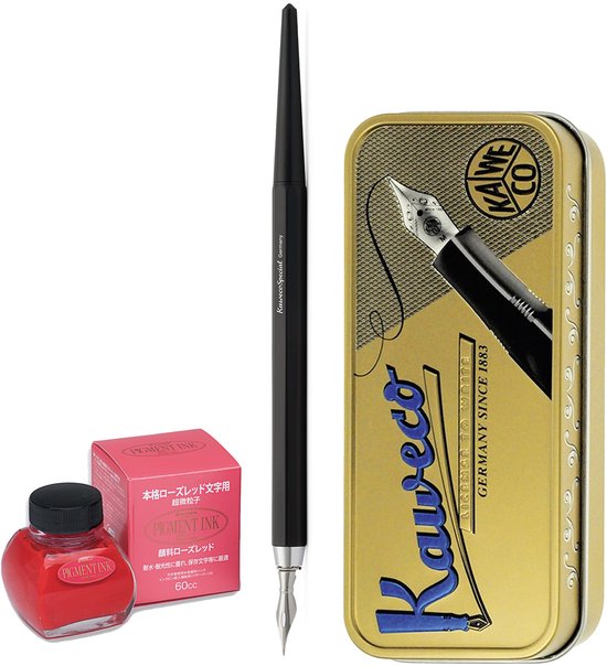 Kaweco - Fountain Pen - Special Dip Pen Black - in vintage blik - Potje Platinum Pigment ink 60cc Rose Red