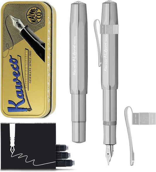 Kaweco Cadeauset - Vulpen - Nostalgic Octagonal Clip CHROME - ALUMINIUM SPORT - Sport Aluminium Raw Polish - EXTRA BREED - Vintage blikje - Extra Doosje Vullingen