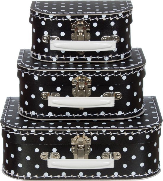 Kofferset - 3 koffers - 16-20-25cm - Decoratie - Kartonnen koffer - Logeerkoffer - Speelkoffer - Poppenkoffer- Opbergen - Vertelkoffer - Cadeau - Kraamkado - Zwart met witte stip