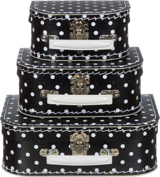 Kofferset - 3 koffers - 16-20-25cm - Decoratie - Kartonnen koffer - Logeerkoffer - Speelkoffer - Poppenkoffer- Opbergen - Vertelkoffer - Cadeau - Kraamkado - Zwart met witte stip