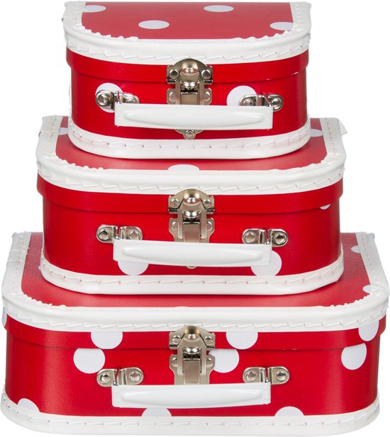 Kofferset - 3 koffers - 16-20-25cm - Decoratie - Kartonnen koffer - Logeerkoffer - Speelkoffer - Poppenkoffer- Opbergen - Vertelkoffer - Cadeau - Kraamkado - Rood met Polkadot wit handvat