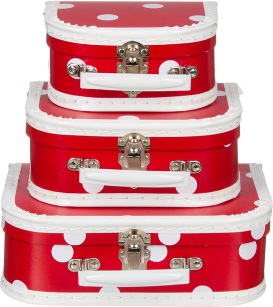 Kofferset - 3 koffers - 16-20-25cm - Decoratie - Kartonnen koffer - Logeerkoffer - Speelkoffer - Poppenkoffer- Opbergen - Vertelkoffer - Cadeau - Kraamkado - Rood met Polkadot wit handvat