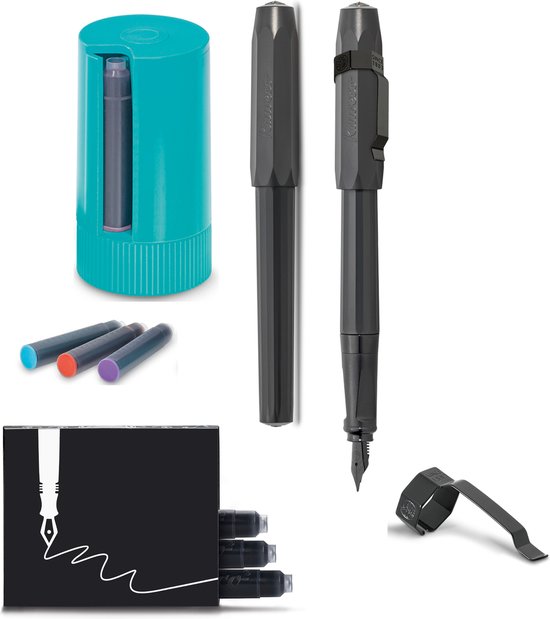 Kaweco - Vulpen met Clip - Perkeo - ZWART - MEDIUM - Turkoise Twister - Doosje vullingen