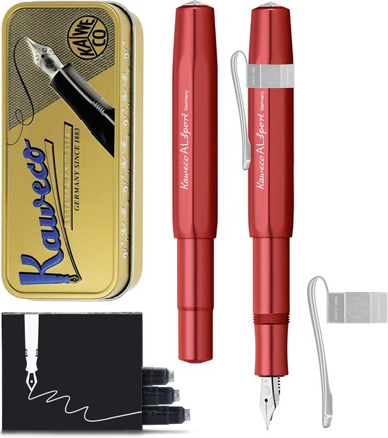 Kaweco Cadeauset - Vulpen - Nostalgic Octagonal Clip CHROME - ALUMINIUM SPORT - Sport Aluminium Deep Red - Medium - Vintage blikje - Extra Doosje Vullingen