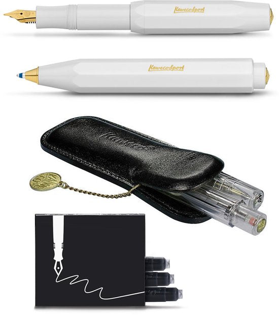 Kaweco - Cadeau - pennenset - (4delig) - Etui - Vulpen Medium - Balpen - Wit - doosje inktpatronen