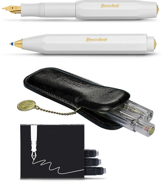 Kaweco - Cadeau - pennenset - (4delig) - Etui - Vulpen Medium - Balpen - Wit - doosje inktpatronen