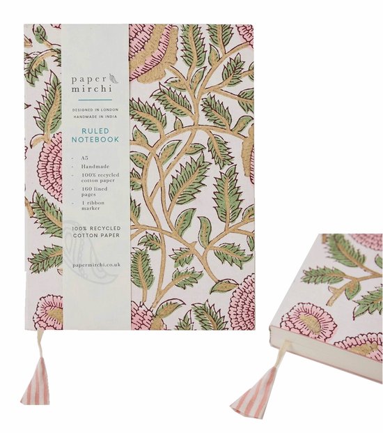 Paper Mirchi - Blokgedrukt Gelijnd Notitieboek (A5) - Marigold Glitz Blush