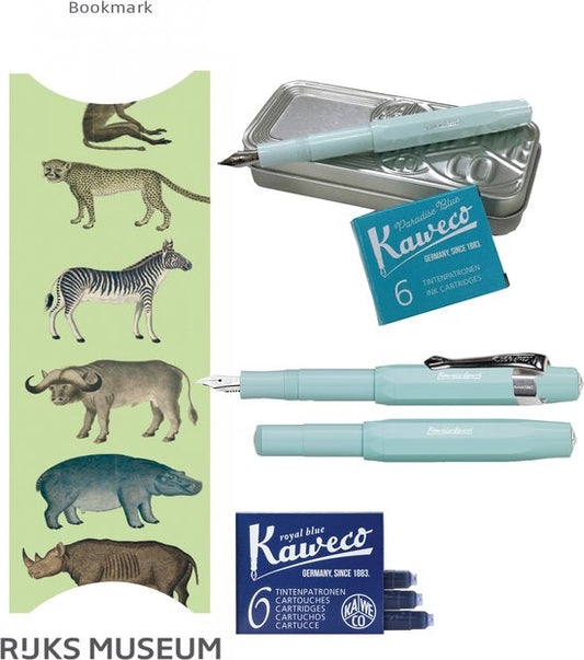 Kaweco Cadeauset (6 delig) Blikje, Vulpen mint M, Clip, Boekenlegger dieren, 2 doosjes vullingen