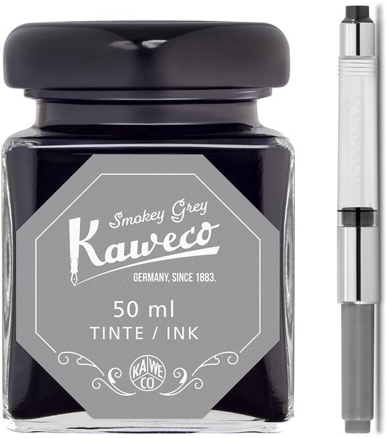 Kaweco - Ink bottle en Standaard Converter - Smokey Grey - potje vulpeninkt - Grijze originele Kaweco-inkt in 50 ml glas - Converter met grijze achterkant