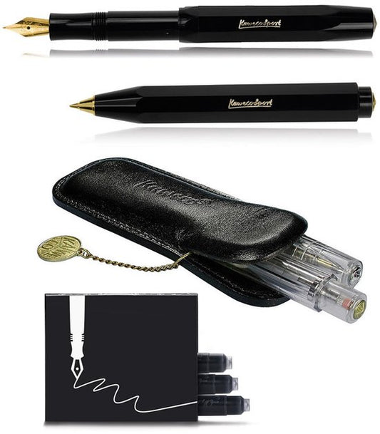 Kaweco - Cadeau - pennenset - (4delig) - Etui - Vulpen Breed - Balpen - Zwart - doosje inktpatronen