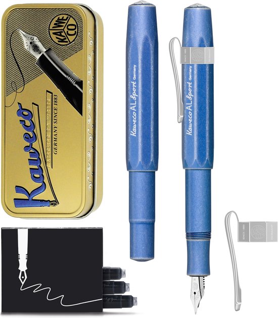 Kaweco Cadeauset - 1 Vulpen - Nostalgic Octagonal Clip CHROME - ALUMINIUM SPORT - Sport Aluminium "Stone Washed" Blue - EXTRA BREED - Vintage blikje - Extra Doosje Vullingen