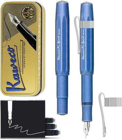 Kaweco Cadeauset - 1 Vulpen - Nostalgic Octagonal Clip CHROME - ALUMINIUM SPORT - Sport Aluminium "Stone Washed" Blue - Fine - Vintage blikje - Extra Doosje Vullingen
