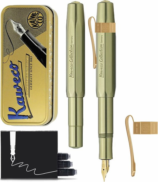 Kaweco Cadeauset - Kaweco Collection AL Sport Olivine - Vulpen - Nostalgic Octagonal Clip Vergoldet - Fine - Vintage blikje - Extra Doosje Vullingen