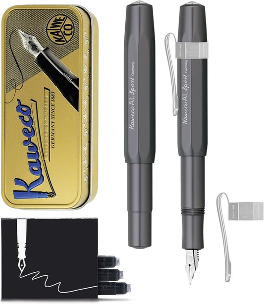 Kaweco Cadeauset - Vulpen - Nostalgic Octagonal Clip CHROME - ALUMINIUM SPORT - Sport Aluminium Grey (MAT) - Fine - Vintage blikje - Extra Doosje Vullingen