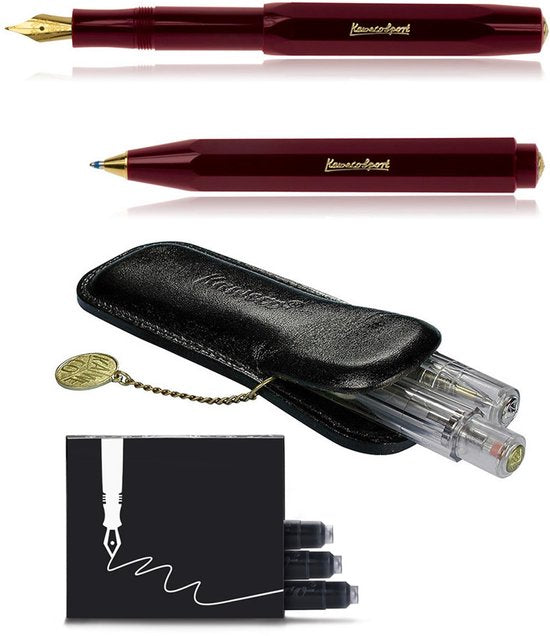 Kaweco - Cadeau - Pennenset - (4delig) - Etui - Vulpen Breed - Balpen - Burgundy - doosje doosje inktpatronen