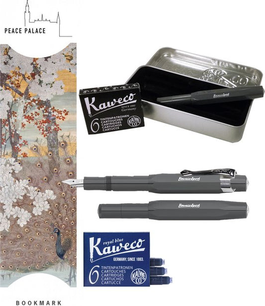 Kaweco Cadeauset (6 delig) Blikje, Vulpen grey M, Clip, Boekenlegger Peace Palace bruin, 2 doosjes vullingen