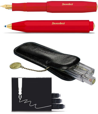 Kaweco - Cadeau - pennenset - (4delig) - Etui - Vulpen Fine - Balpen - Rood - doosje inktpatronen