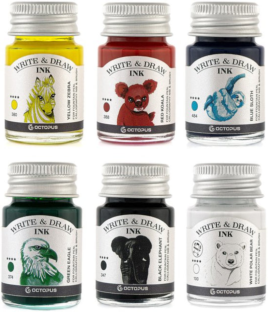 Octopus Write and Draw Ink Set BASIC BRIGHT, watervaste inkt voor schrijven en tekenen, kalligrafie inkt, lichtechte tekeninkt voor vulpen, glaspen, penseel, 6 x 10 ml