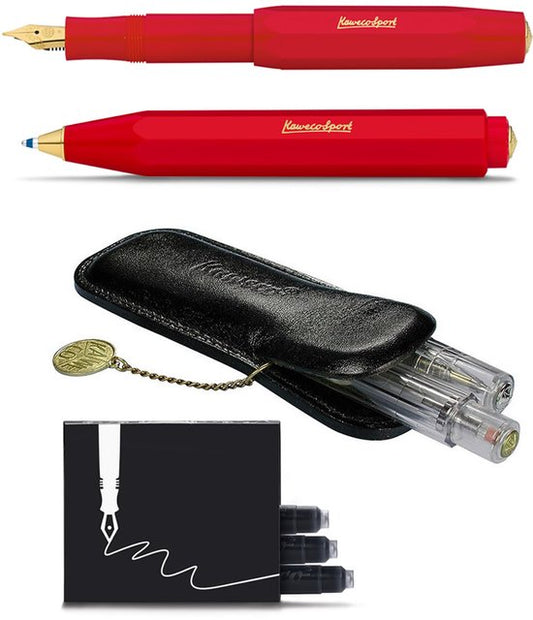 Kaweco - Cadeau - pennenset - (4delig) - Etui - Vulpen Extra Fine - Balpen - Rood - doosje inktpatronen