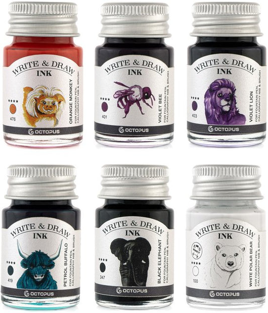 Octopus Write and Draw Ink Set BASIC MIX, watervaste inkt voor schrijven en tekenen, kalligrafie inkt, lichtechte tekeninkt voor vulpen, glaspen, penseel, 6 x 10 ml