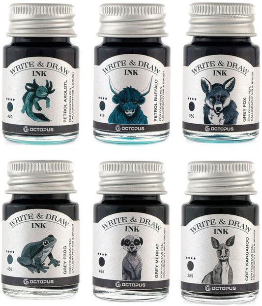 Octopus Write and Draw Ink Set MOUNTAIN, watervaste inkt voor schrijven en tekenen, kalligrafie inkt, lichtechte tekeninkt voor vulpen, glaspen, penseel, 6 x 10 ml