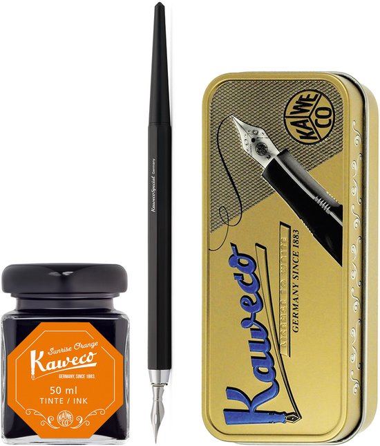 Kaweco - Fountain Pen - Special Dip Pen Black - in vintage blik - Potje inkt Sunrise Orange 60cc