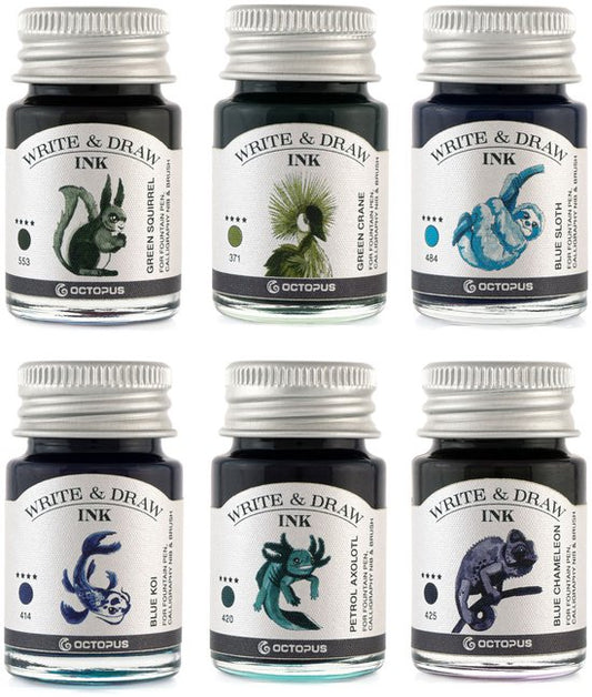 Octopus Write and Draw Ink Set RIVER, watervaste inkt voor schrijven en tekenen, kalligrafie inkt, lichtechte tekeninkt voor vulpen, glaspen, penseel, 6 x 10 ml