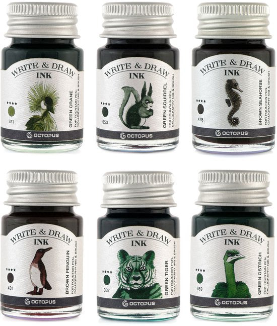 Octopus Write and Draw Ink Set FOREST, watervaste inkt voor schrijven en tekenen, kalligrafie inkt, lichtechte tekeninkt voor vulpen, glaspen, penseel, 6 x 10 ml