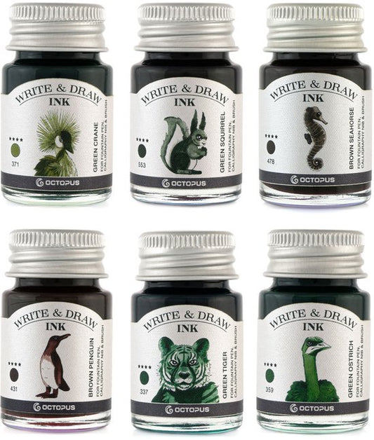Octopus Write and Draw Ink Set FOREST, watervaste inkt voor schrijven en tekenen, kalligrafie inkt, lichtechte tekeninkt voor vulpen, glaspen, penseel, 6 x 10 ml