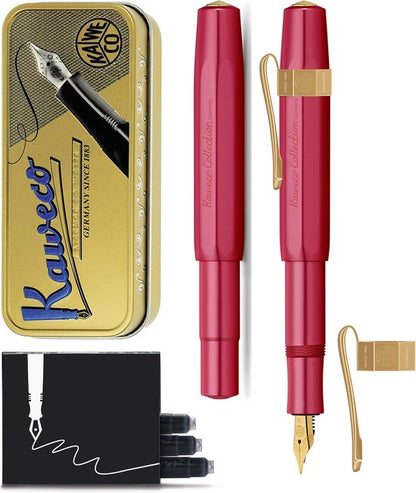 Kaweco Cadeauset - Vulpen - Nostalgic Octagonal Clip Vergoldet - ALUMINIUM SPORT - Sport Aluminium Ruby Red - Medium - Vintage blikje - Extra Doosje Vullingen