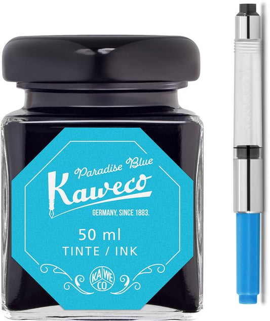 Kaweco - Ink bottle en Standaard Converter - Paradise Blue - potje vulpeninkt - Turkoise originele Kaweco-inkt in 50 ml glas - Converter met turkoise achterkant