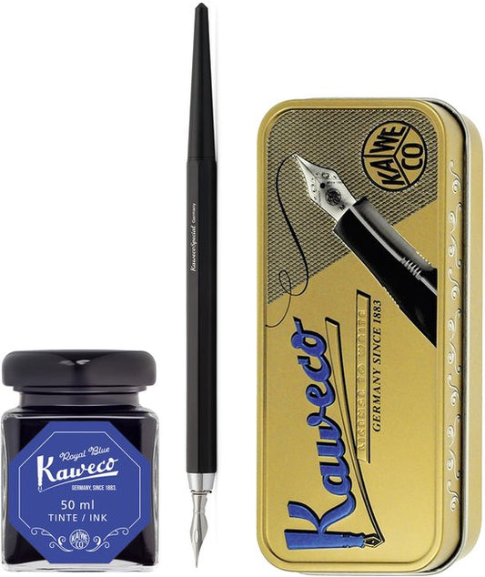 Kaweco - Fountain Pen - Special Dip Pen Black - in vintage blik - Potje inkt Royal Blue 60cc