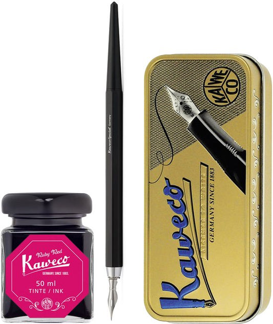 Kaweco - Fountain Pen - Special Dip Pen Black - in vintage blik - Potje inkt Ruby Red 60cc