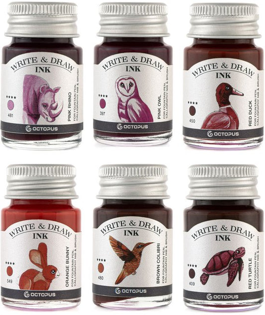 Octopus Write and Draw Ink Set DESERT, watervaste inkt voor schrijven en tekenen, kalligrafie inkt, lichtechte tekeninkt voor vulpen, glaspen, penseel, 6 x 10 ml