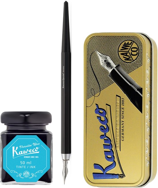 Kaweco - Fountain Pen - Special Dip Pen Black - in vintage blik - Potje inkt Paradise Blue 60cc