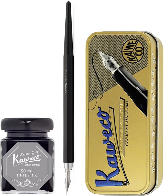 Kaweco - Fountain Pen - Special Dip Pen Black - in vintage blik - Potje inkt Smokey Grey 60cc
