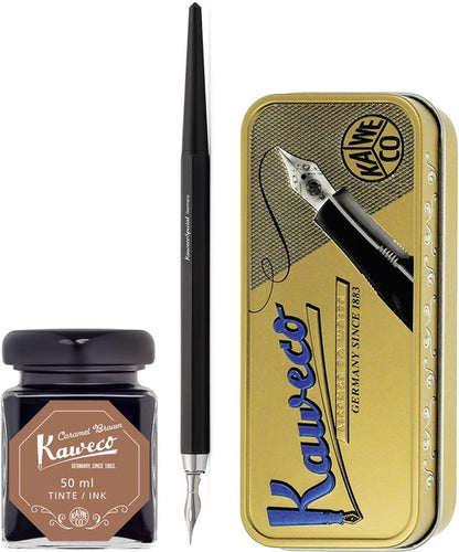 Kaweco - Fountain Pen - Special Dip Pen Black - in vintage blik - Potje inkt Caramel Brown 60cc