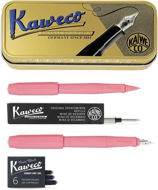 Kaweco - Pennenset - Perkeo Peony Blossom Vulpen MEDIUM - Doosje vulpen inkt - Rollerbal - Zwarte EURO vulling met een lijndikte van 0,7 mm
